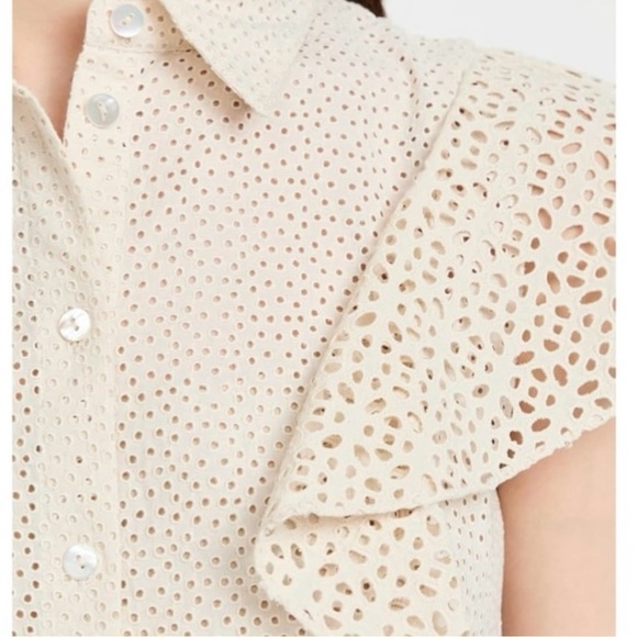 THEORY Nova Eyelet Ruffle Sleeve Button Down Mini Dress Shirtdress Size 4 NEW - Picture 6 of 10